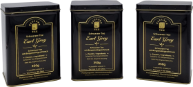 3 schwarze Edelstahldosen mit goldener Schrift. Gefüllt mit 350g Earl Grey, schwarzer Tee